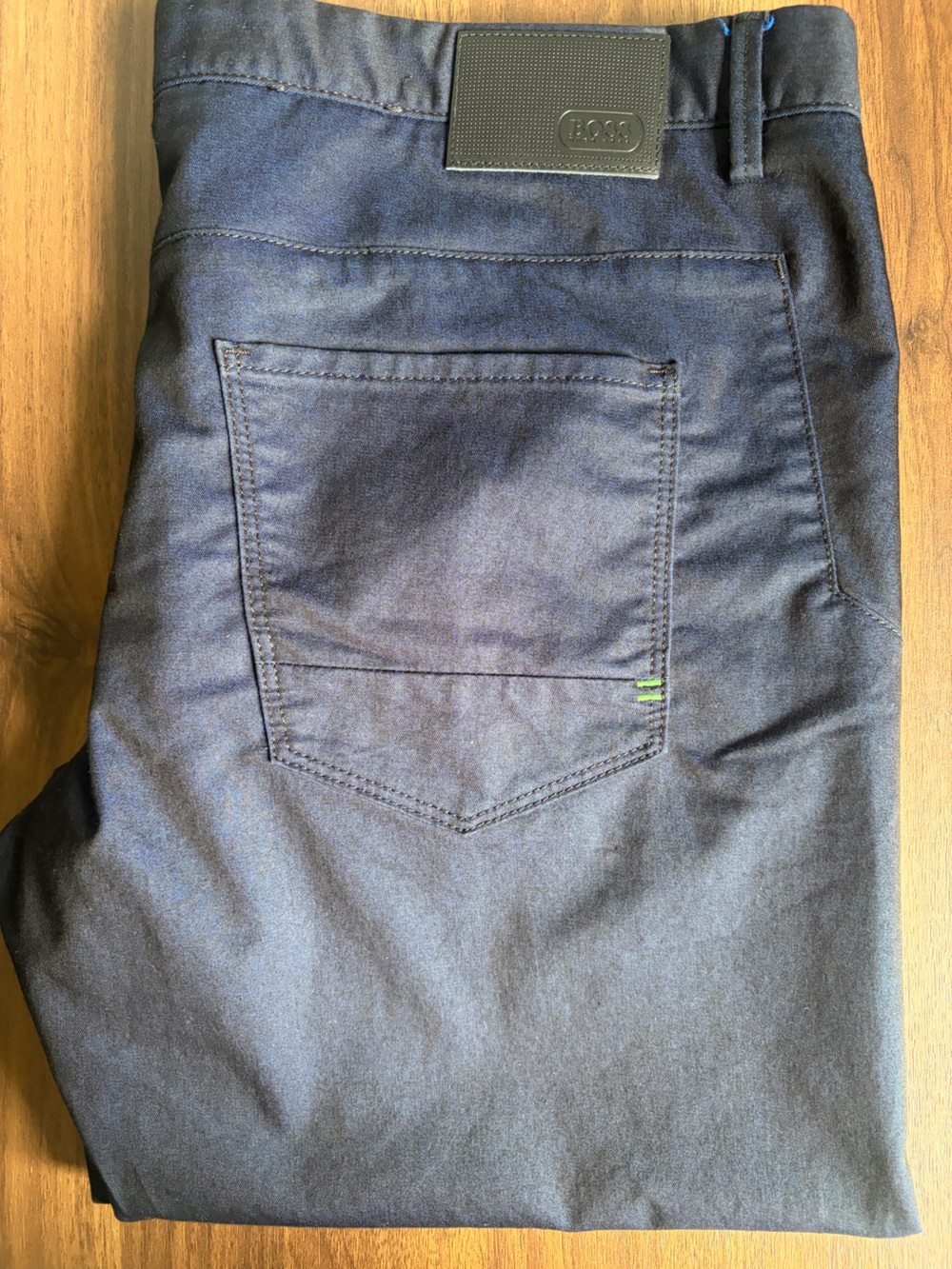 HUGO Boss Men's Dark Blue Slim Fit Pants with Green Stitch Accent - Like new